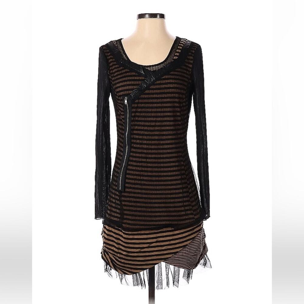 L33 stripes, mesh, and‎ zipper long sleeved drop waist dress, size small T1